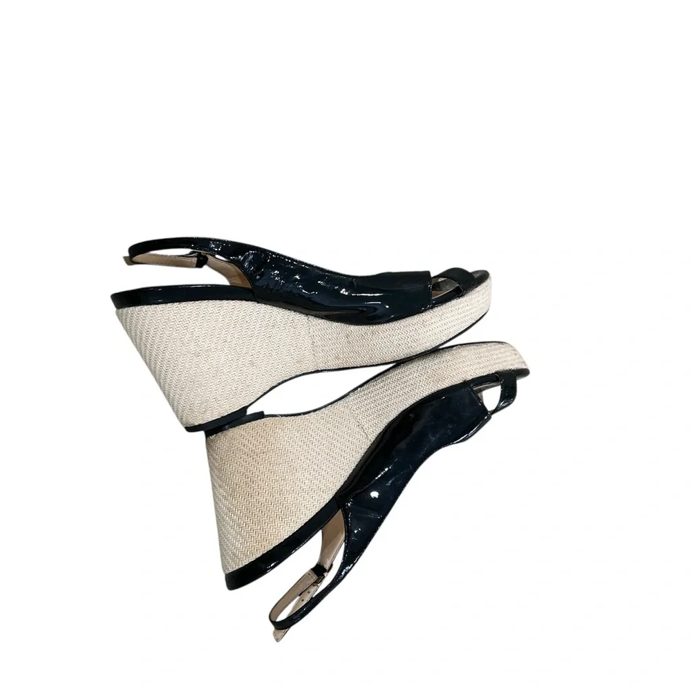Cole Haan Black Patent Leather Wedge Slingbacks with Natural Woven Heel size 9